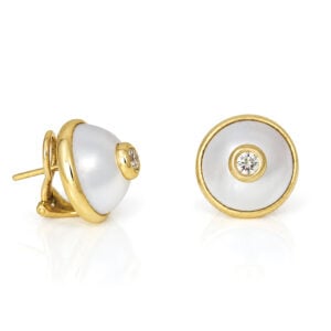 rub-over set diamond with pearl 18ct yellow gold ear-studs David Ashton modern fine jewellery handmade in London