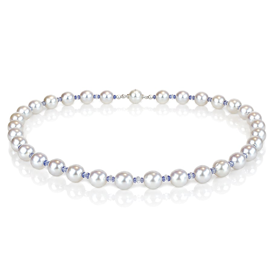 Tanzanite pearl aquamarine necklace David Ashton modern handmade jewellery London
