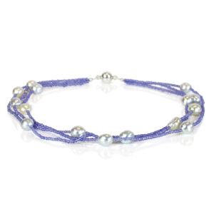 Natural Tanzanite with Southsea pearl multi-strand necklace David Ashton bespoke fine jewellery handmade in London bespoke