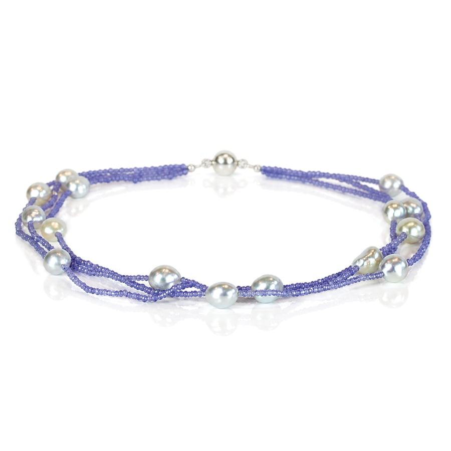 Natural Tanzanite with Southsea pearl multi-strand necklace David Ashton bespoke fine jewellery handmade in London bespoke