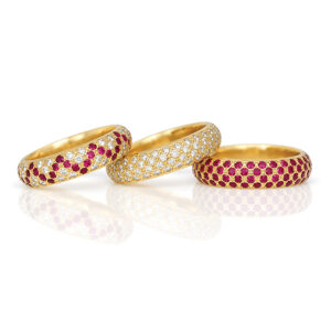 Diamonds & rubies pave' set in 18ct yellow gold rings