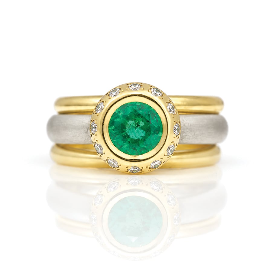Rub-over set emerald stacking ring set