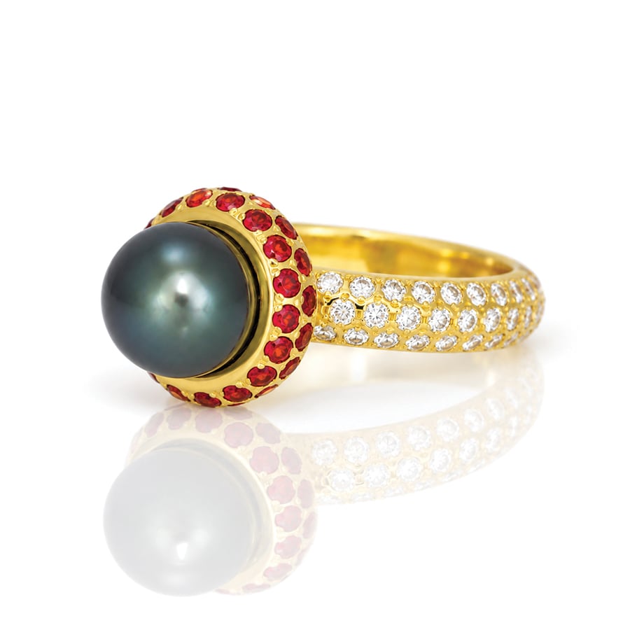 Tahitian pearl, ruby and diamond ring