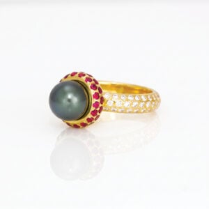 Tahitian pearl, ruby and diamond ring