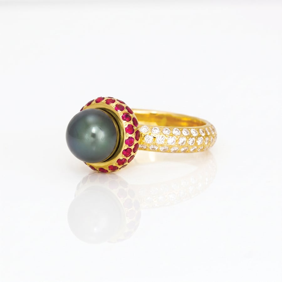 Tahitian pearl, ruby and diamond ring