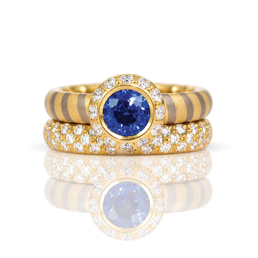 Rub-over set sapphire with diamonds ring stack