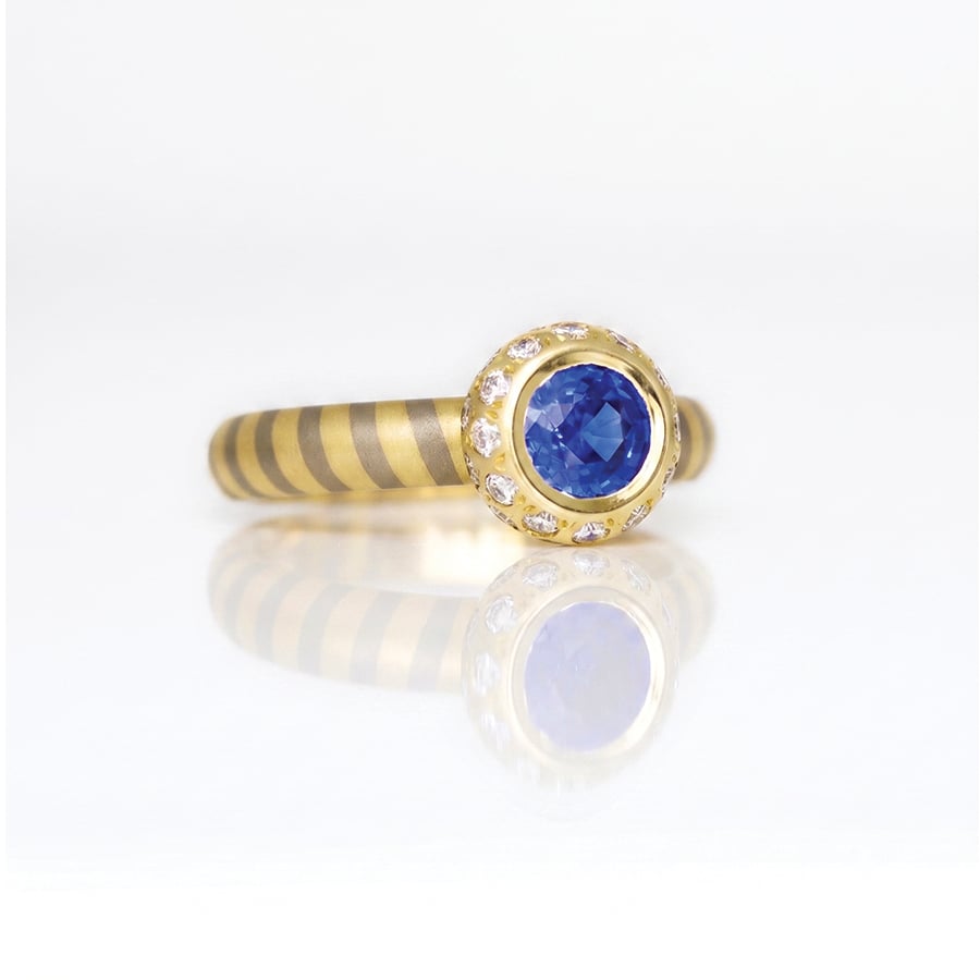 sapphire with diamodn halo stripey ring