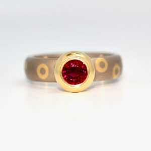 Modern yellow & white gold ruby ring rub-over set
