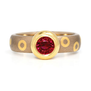 Modern yellow & white gold ruby ring rub-over set