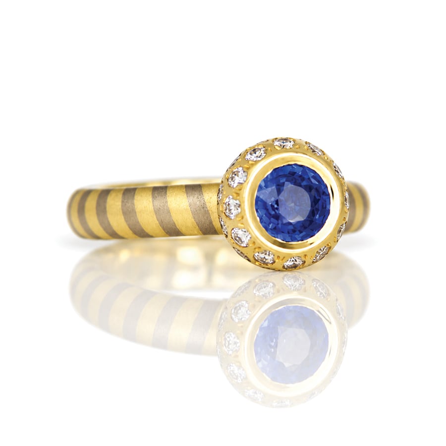sapphire with diamodn halo stripey ring
