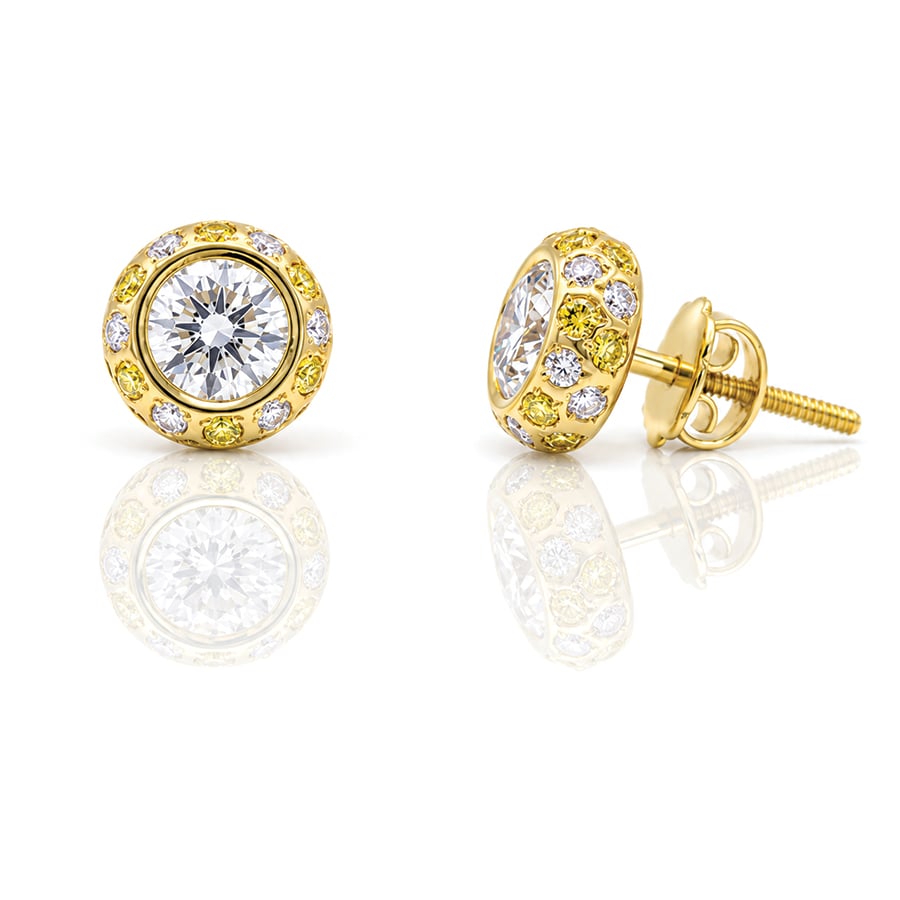 White diamonds with yellow and white around modern earstuds