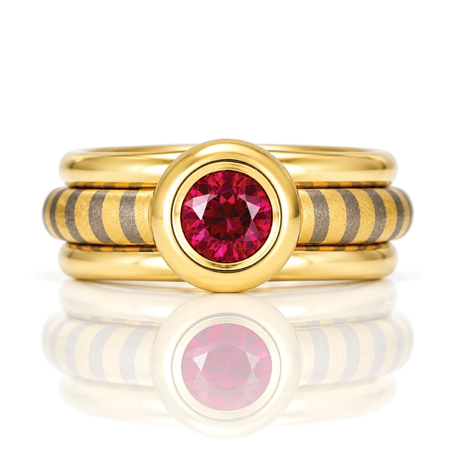 Modern ruby solitaire 18ct gold stacking ring