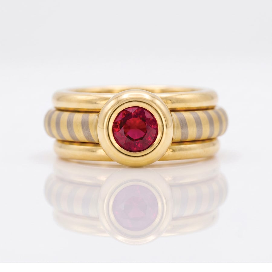 Modern ruby solitaire 18ct gold stacking ring