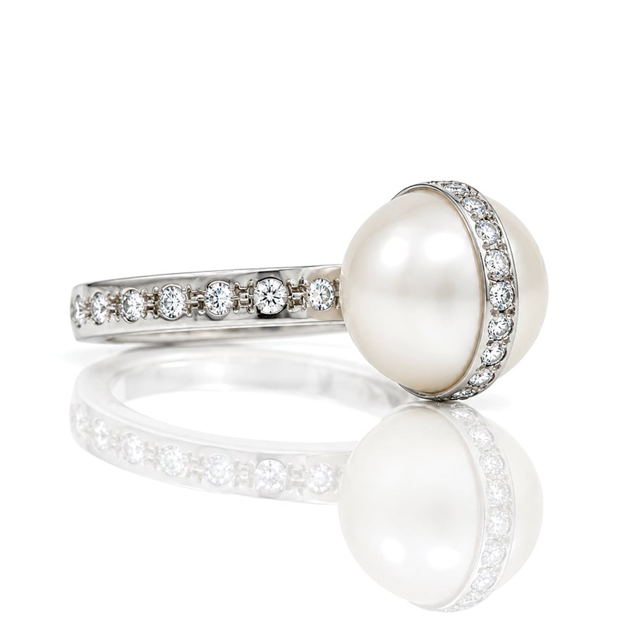 modern luxury cocktail ring platinum pearl & diamond David Ashton