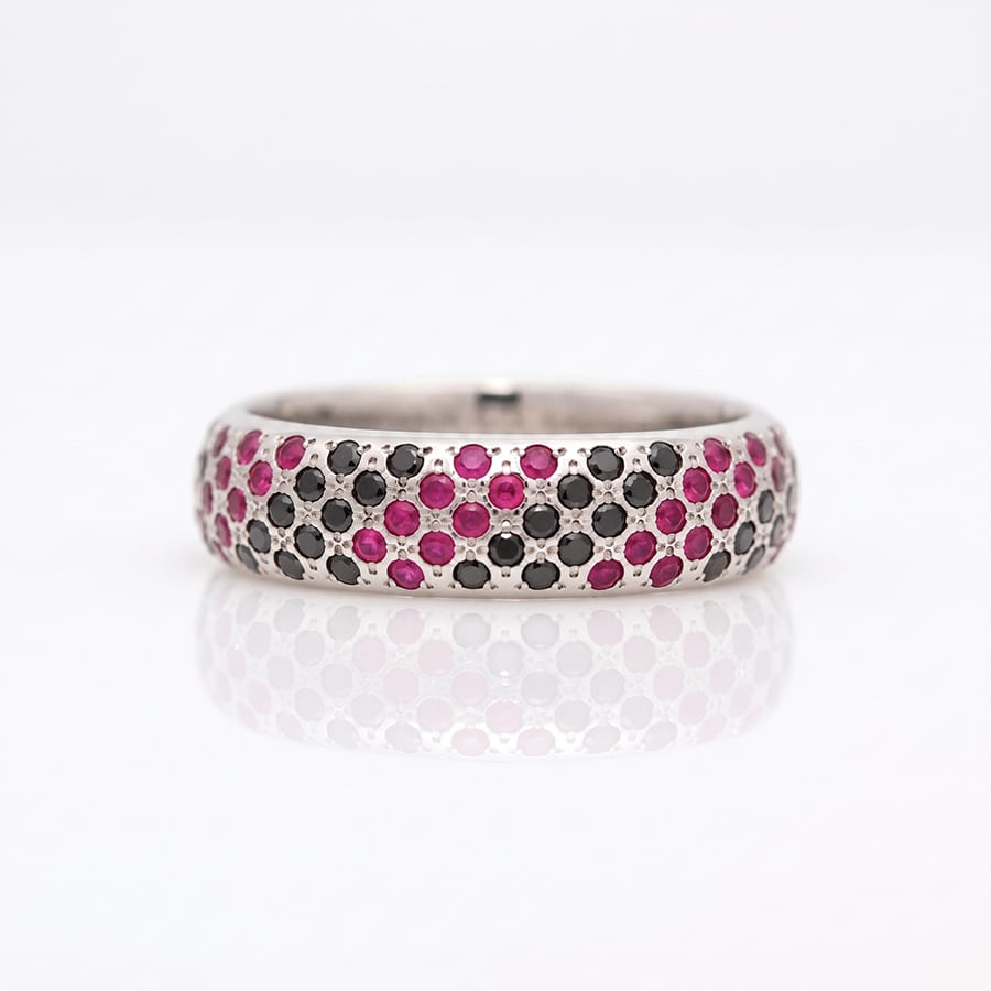 Unique mens ring natural ruby and black diamond flush set ring David Ashton 0868