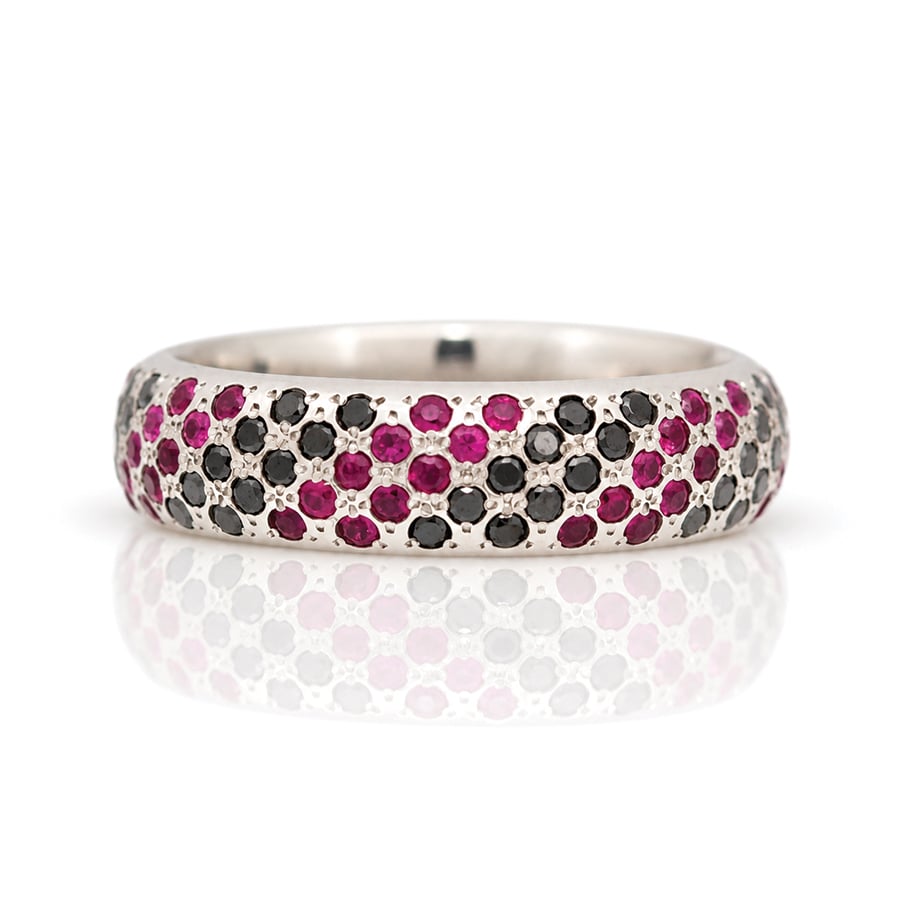 Unique mens ring natural ruby and black diamond flush set ring David Ashton 0868