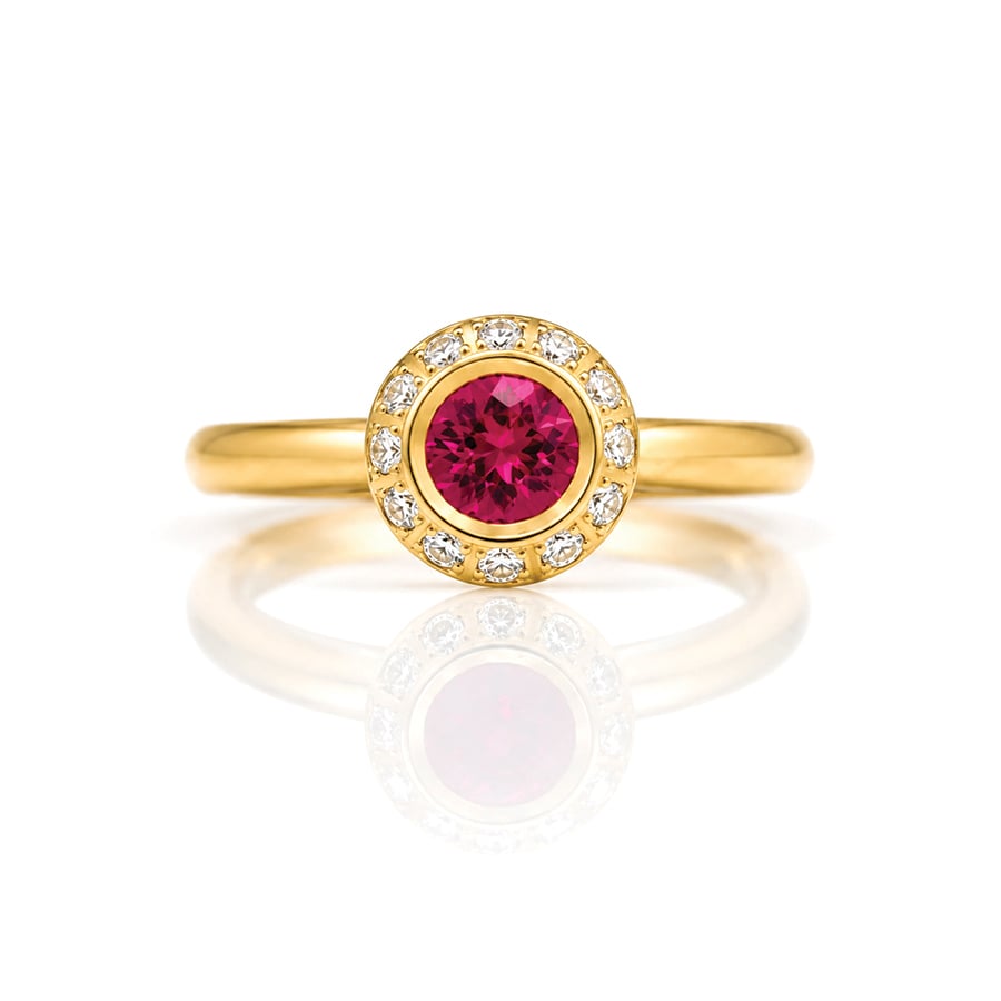 Burmese ruby rub-over set framed with diamonds in 18ct rose gold ring David Ashton 0958 Modern fine jewellery handmade in London bespoke