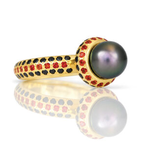 ahitian pearl, oramge sapphire and black diamond ring