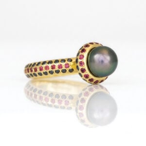 Tahitian pearl, oramge sapphire and black diamond ring