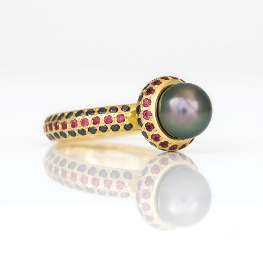 Tahitian pearl, oramge sapphire and black diamond ring