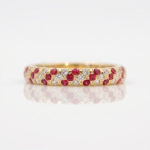 Rubies & diamonds diagonal stripe flush set in yellow gold ring