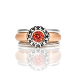 Modern engagement ring orange natural sapphire with black natural diamonds David Ashton 0977 Modern fine jewellery handmade in London bespoke