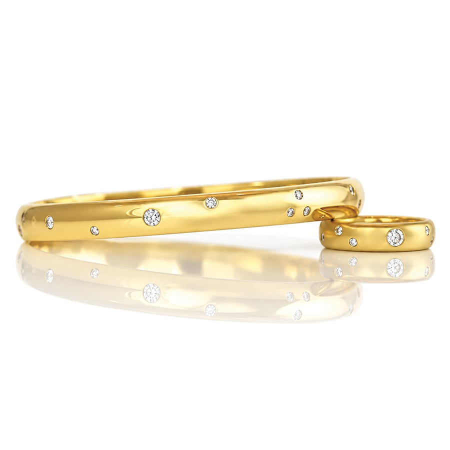 18ct yellow gold 6.6mm solid bangle with flush set diamonds