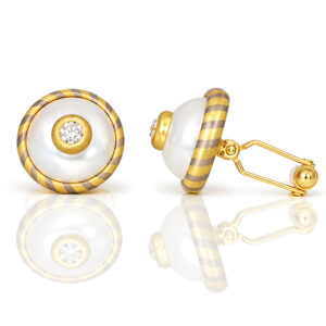 Pearl & diamond 18ct gold striped cufflinks