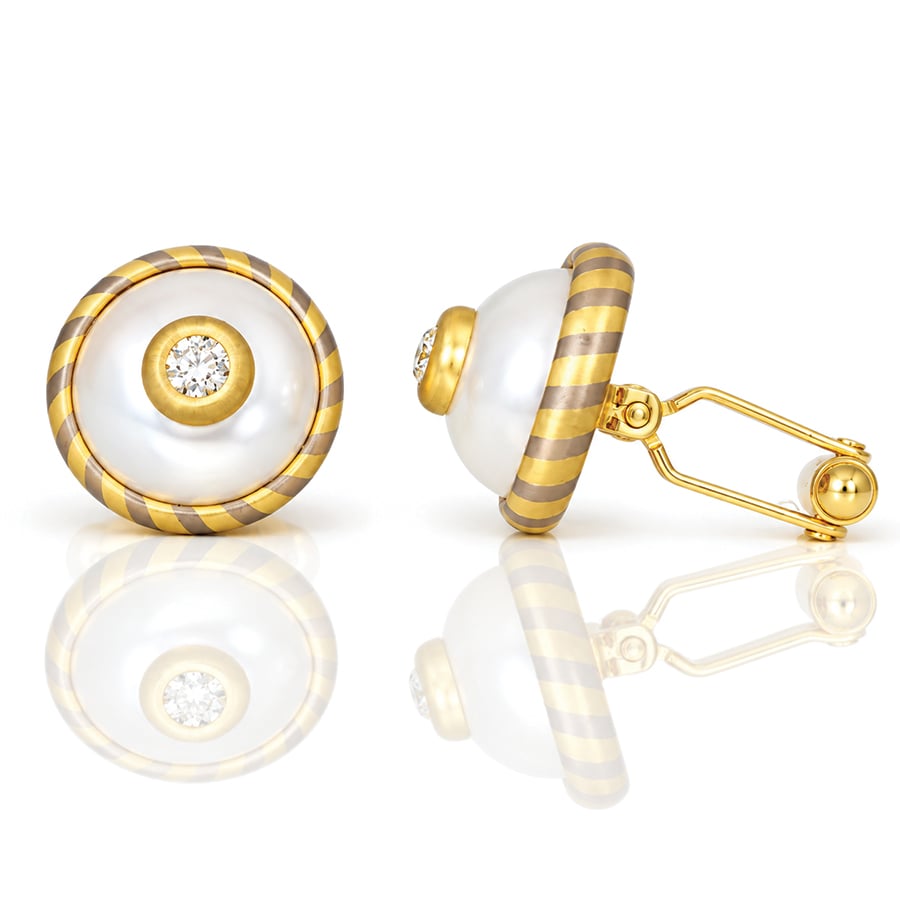 Pearl & diamond 18ct gold striped cufflinks