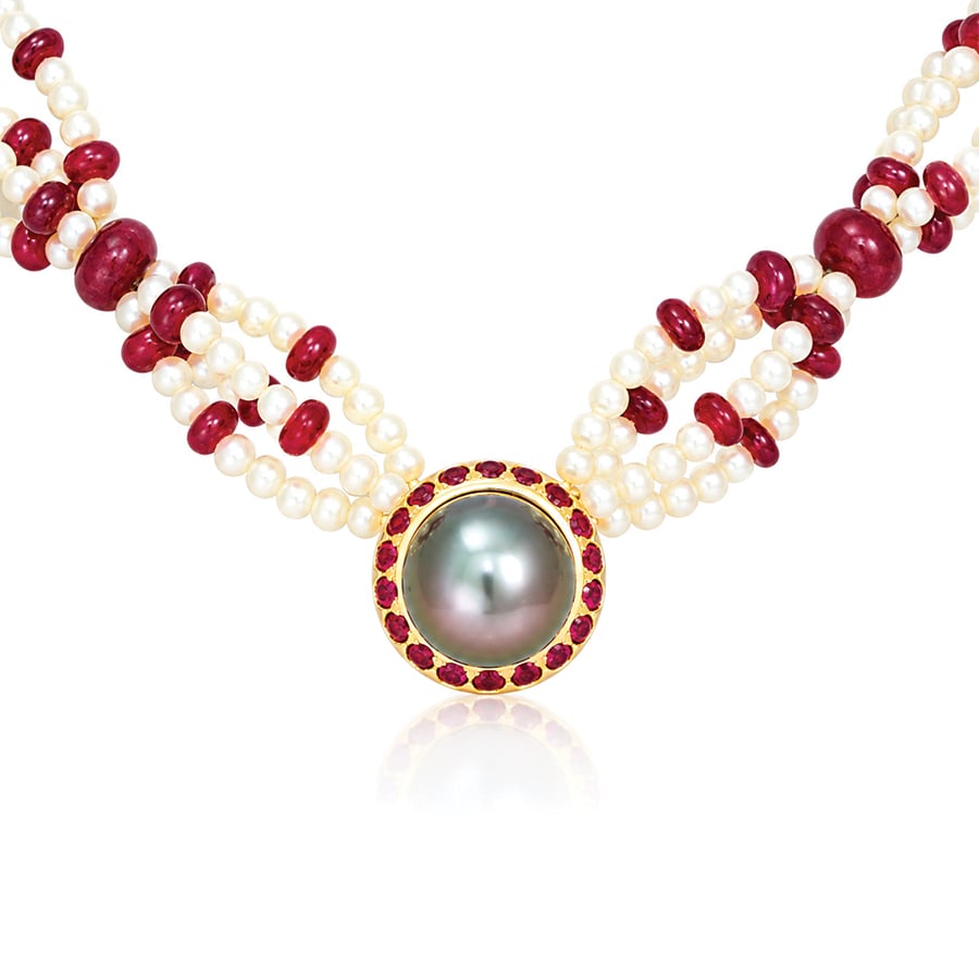 Tahitian pearl and ruby necklace. bespoke fine modern jewellery UK