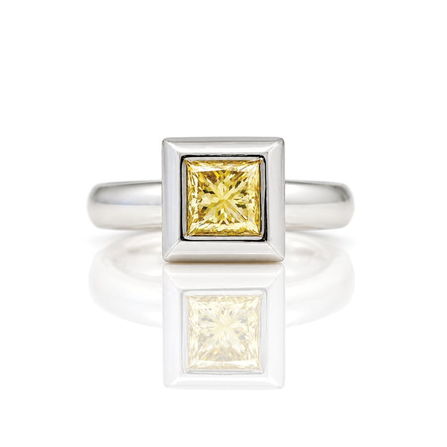 natural fancy yellow natural diamond rub-over set in Platinum ring David Ashton modern fine jewellery handmade in London
