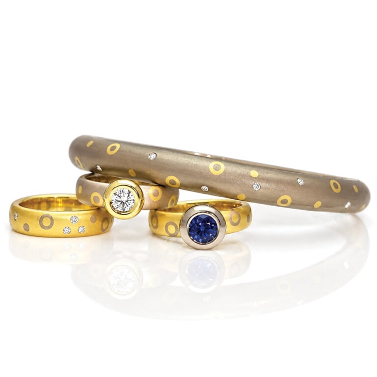 rub-over flush set diamonds and sapphires and mokue gane David Ashton modern fine jewellery handmade in London bespoke