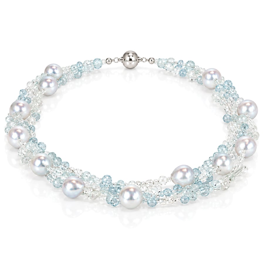 Contemporary pearl necklace with aquamarine David Ashton