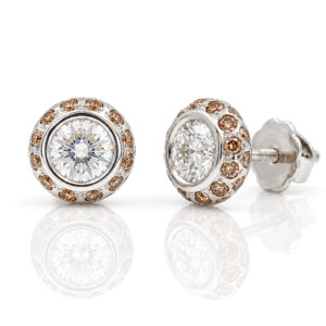 Natural cognac and white diamond platinum earstuds. Handmade London