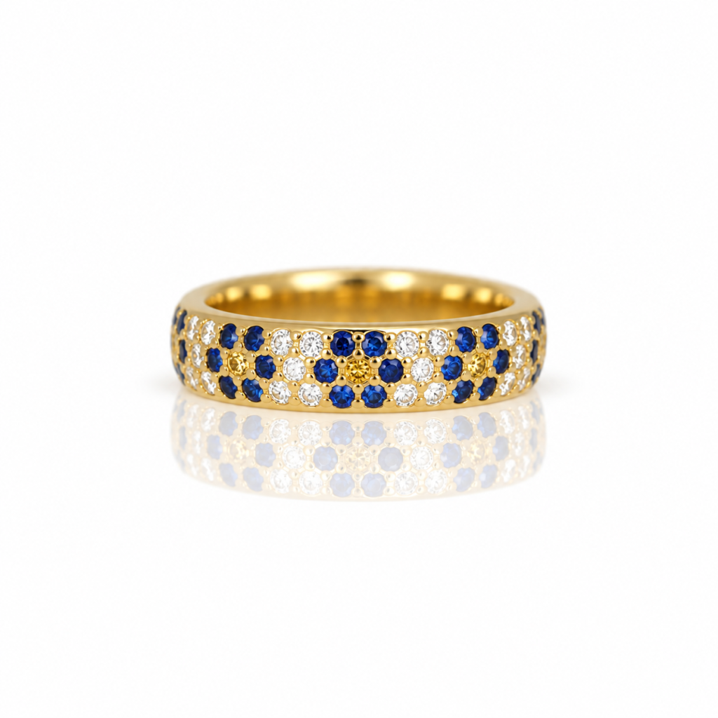 gold ring with flush set gemstones forget me not pattern David Ashton 0997. Modern fine jewellery handmade in London bespoke