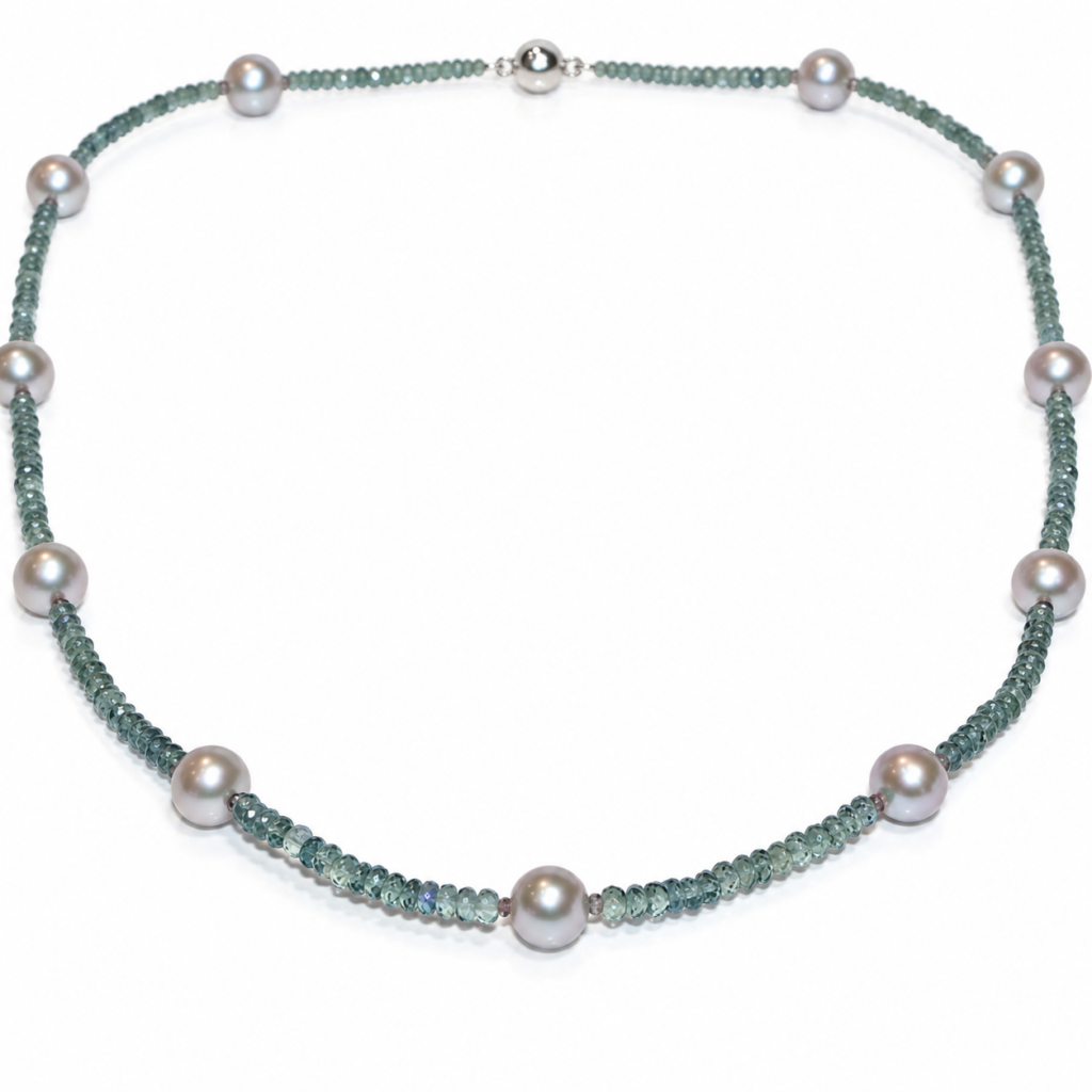 Rare Songae Sapphire necklace with pearls spaced evenly around David Ashton modern fine jewellery Handmade in London