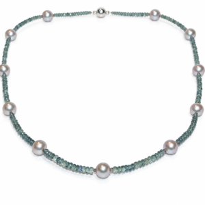 Rare Songae Sapphire necklace with pearls spaced evenly around David Ashton modern fine jewellery Handmade in London