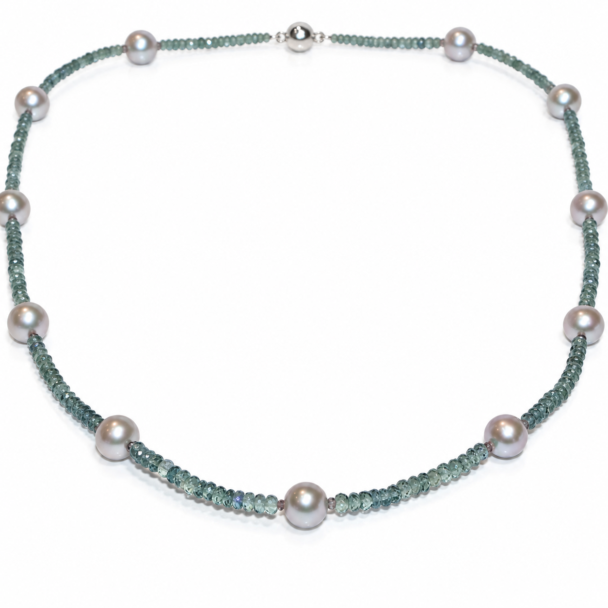 Rare Songae Sapphire necklace with pearls spaced evenly around David Ashton modern fine jewellery Handmade in London