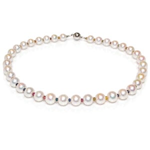 Top quality white pearls alternating with faceted fancy colour sapphire necklace David Ashton modern fine jewellery London