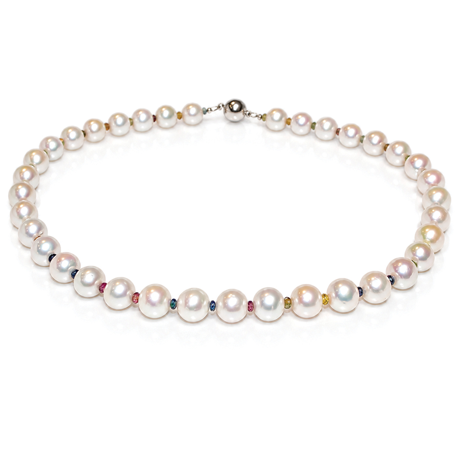 Top quality white pearls alternating with faceted fancy colour sapphire necklace David Ashton modern fine jewellery London