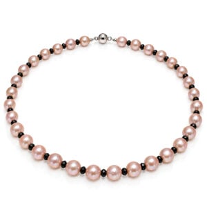 Black diamond alternating pink pearl necklace Handmade by David Ashton London