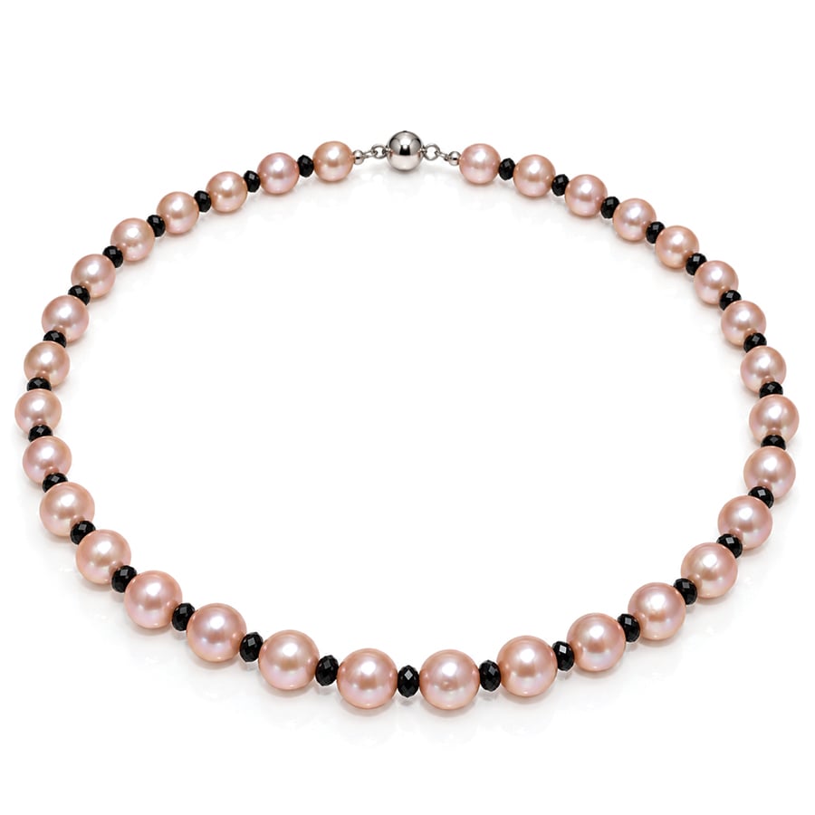 Black diamond alternating pink pearl necklace Handmade by David Ashton London
