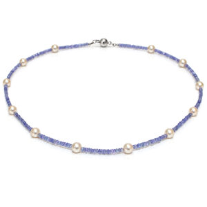 Faceted tanzanite beads interspersed with white pearl necklace David Ashton jewellery handmade in London
