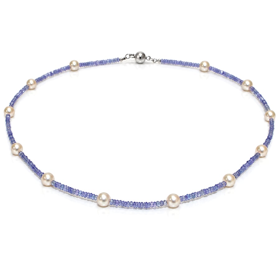 Faceted tanzanite beads interspersed with white pearl necklace David Ashton jewellery handmade in London