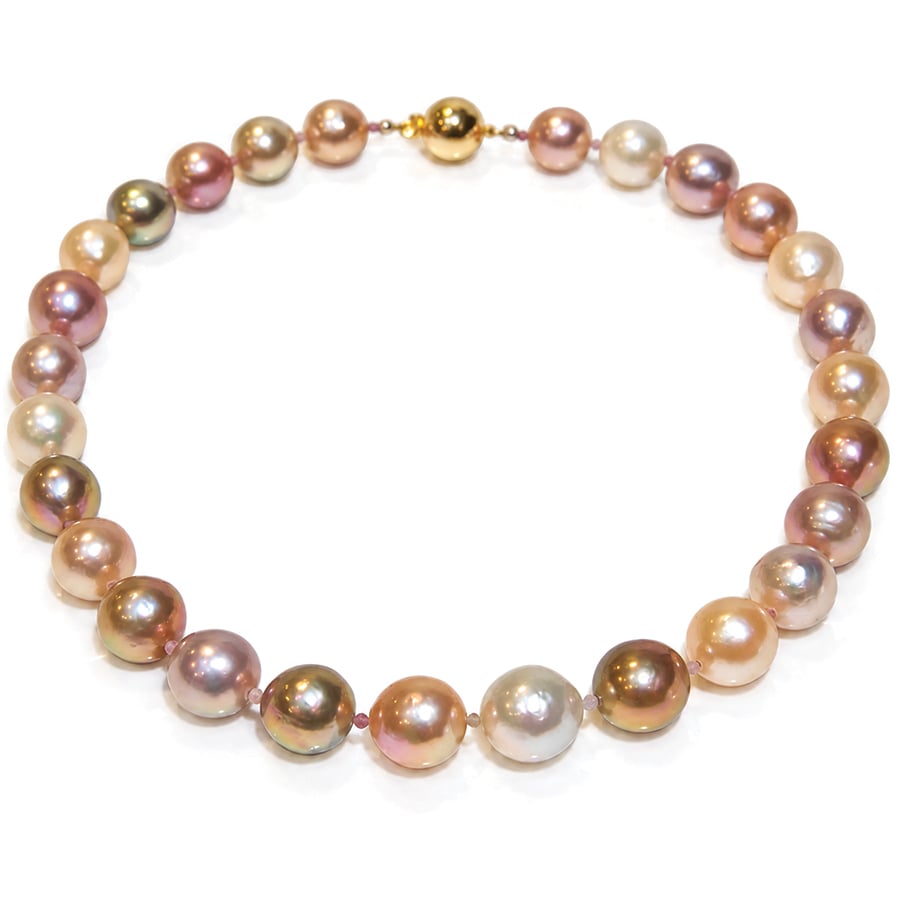 pinky peach pearl alternating with pink sapphire modern necklace handmade by David Ashton London