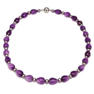 Faceted amethyst briolette alternating grey pearl necklace David Ashton modern fine jewellery handmade in London