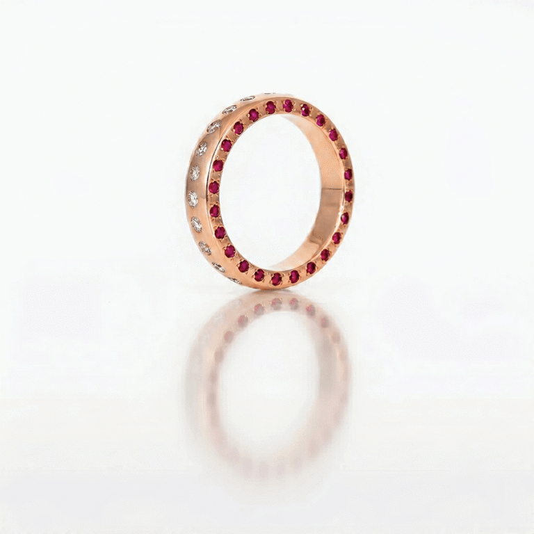 Rubies & diamonds flush set in rose gold ring