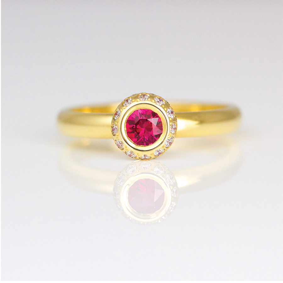 ruby with diamond halo yellow gold ring 0969