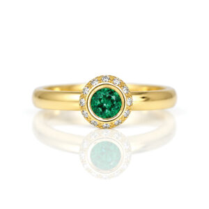emerald rub-over set diamond halo ring