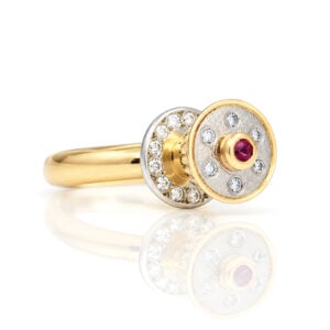 Modern cocktail ring rose gold patinum ruby diamond ring 0684 David Ashton